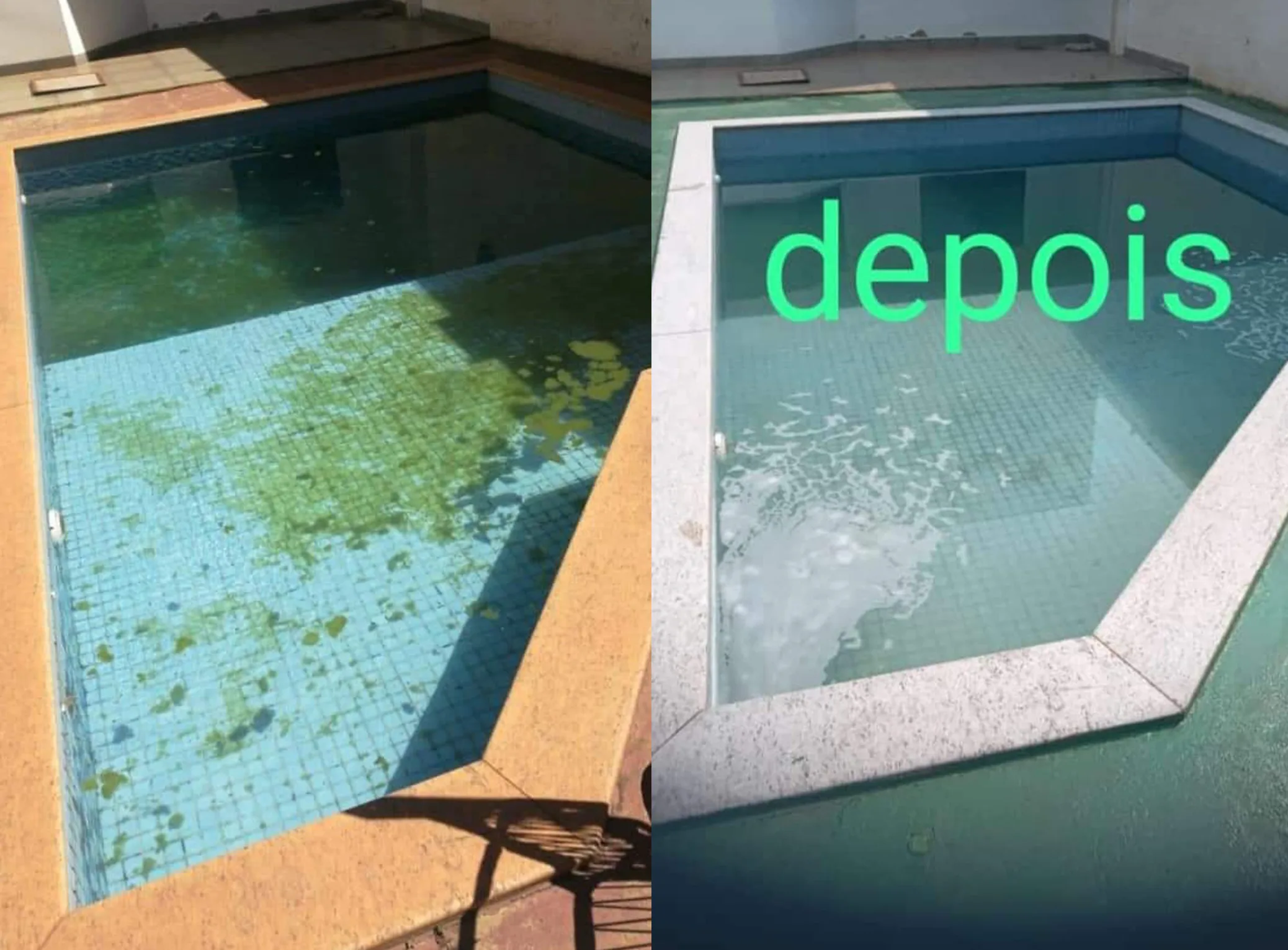 Antes e depois restauração piscina com azulejo — Green Piso